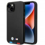 BMW BMHMP14S22PTDK Apple iPhone 14-hoesje, Leather Stamp Tricolor MagSafe, zwart