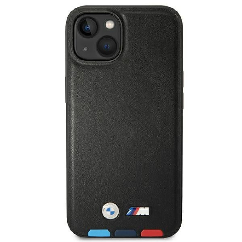 BMW BMHMP14S22PTDK Apple iPhone 14-hoesje, Leather Stamp Tricolor MagSafe, zwart