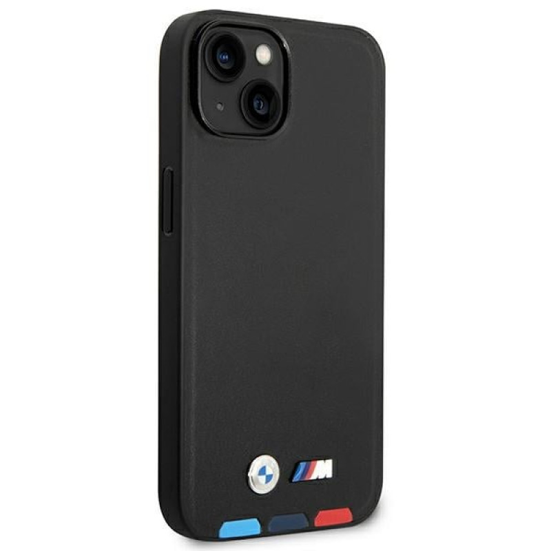 BMW BMHMP14S22PTDK Apple iPhone 14-hoesje, Leather Stamp Tricolor MagSafe, zwart