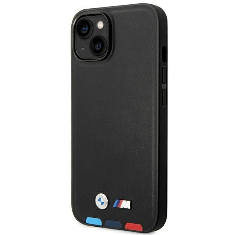 BMW BMHMP14M22PTDK Apple iPhone 14 Plus / 15 Plus hoesje, Leather Stamp Tricolor MagSafe, zwart