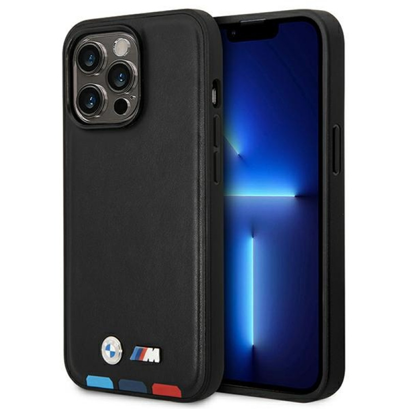 BMW BMHMP14X22PTDK Apple iPhone 14 Pro Max hoesje, Leather Stamp Tricolor MagSafe, zwart