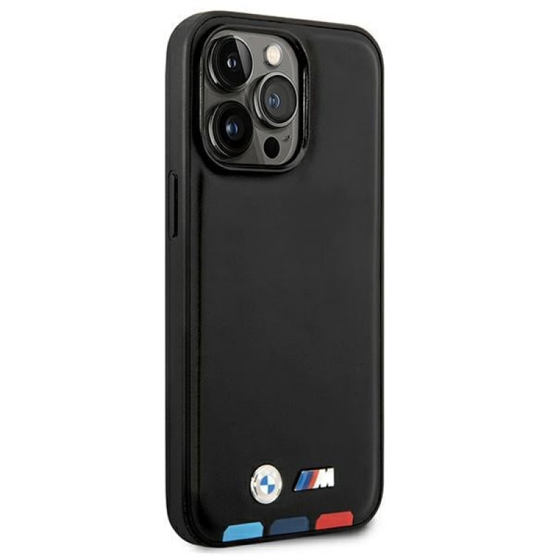 BMW BMHMP14X22PTDK Apple iPhone 14 Pro Max hoesje, Leather Stamp Tricolor MagSafe, zwart