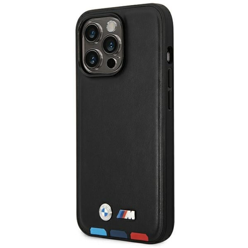 BMW BMHMP14L22PTDK Apple iPhone 14 Pro-hoesje, Leather Stamp Tricolor MagSafe, zwart