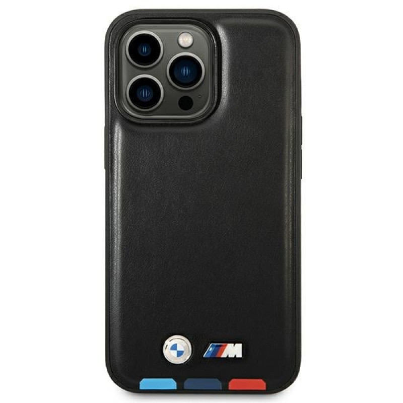BMW BMHMP14L22PTDK Apple iPhone 14 Pro-hoesje, Leather Stamp Tricolor MagSafe, zwart