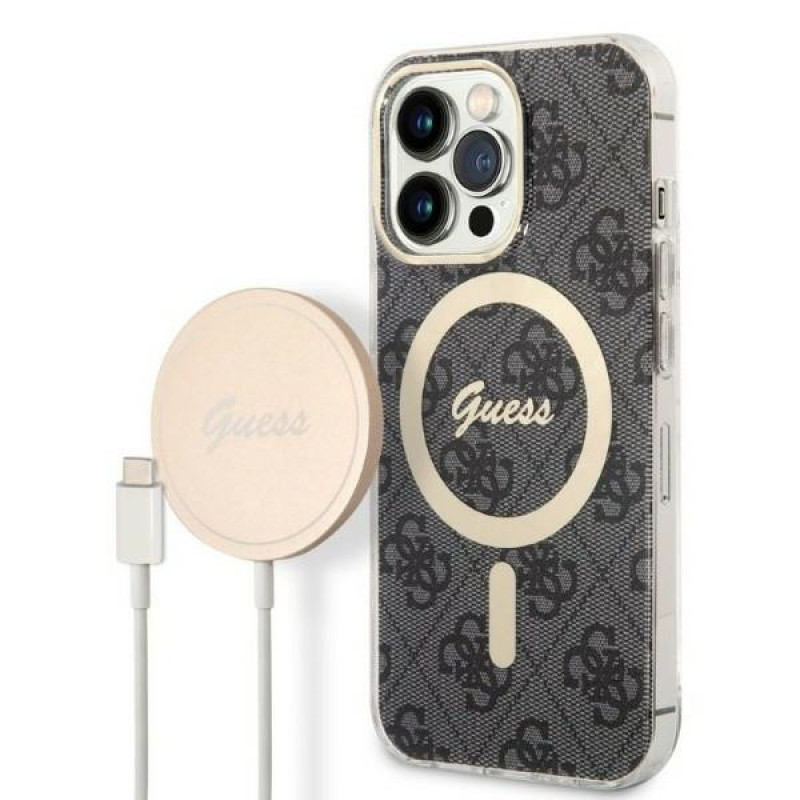 Guess GUBPP13LH4EACSK Case + draadloze oplader set voor Apple iPhone 13 Pro, zwarte hardcase 4G Print MagSafe