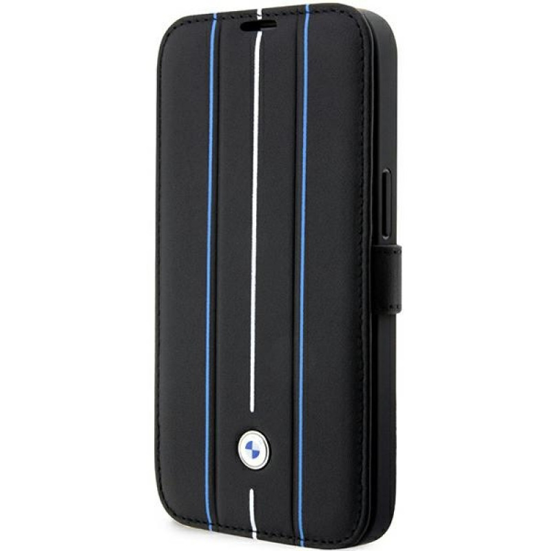 BMW BMBKP14L22RVSK Leather Stamp Blue Lines bookcase voor Apple iPhone 14 Pro 6,1", zwart