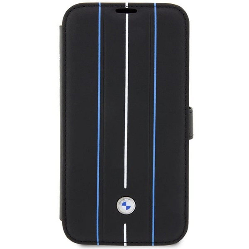 BMW BMBKP14L22RVSK Leather Stamp Blue Lines bookcase voor Apple iPhone 14 Pro 6,1", zwart