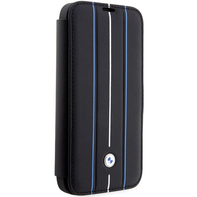 BMW BMBKP14L22RVSK Leather Stamp Blue Lines bookcase voor Apple iPhone 14 Pro 6,1", zwart
