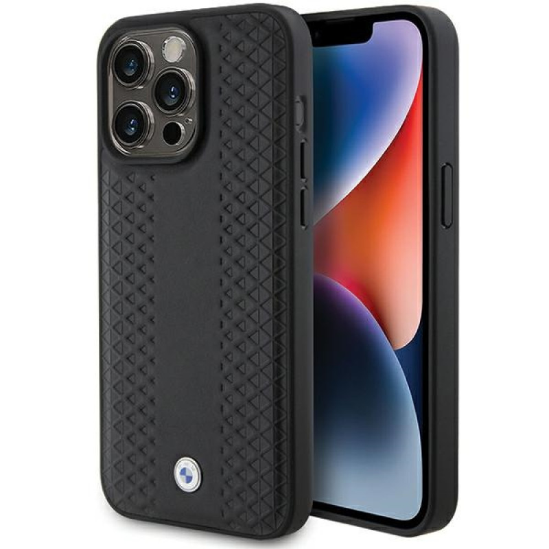 BMW BMHCP15L22RFGK Leather Diamond Pattern-hoesje voor Apple iPhone 15 Pro, zwart