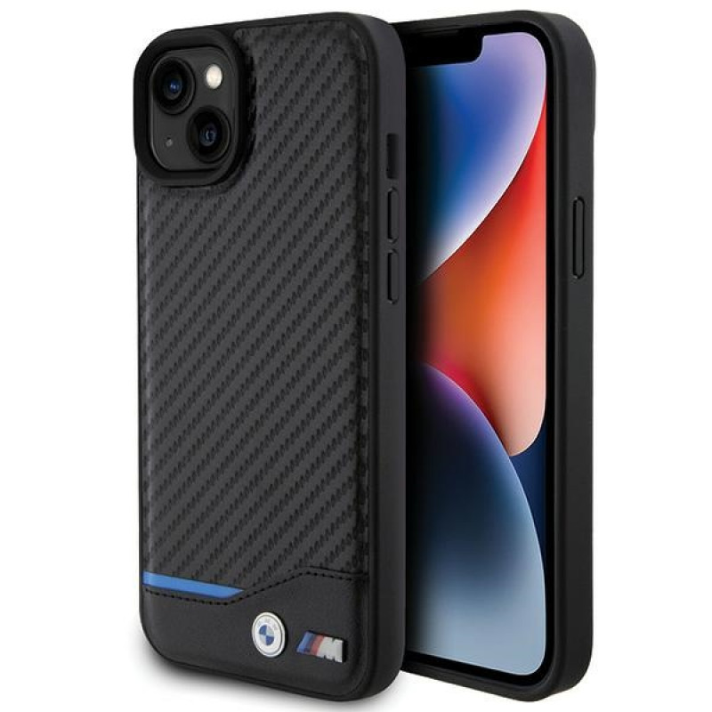 BMW BMHCP15M22NBCK Leather Carbon hardcase voor Apple iPhone 15 Plus / 14 Plus, zwart