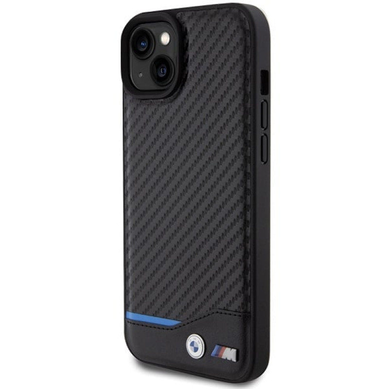 BMW BMHCP15M22NBCK Leather Carbon hardcase voor Apple iPhone 15 Plus / 14 Plus, zwart