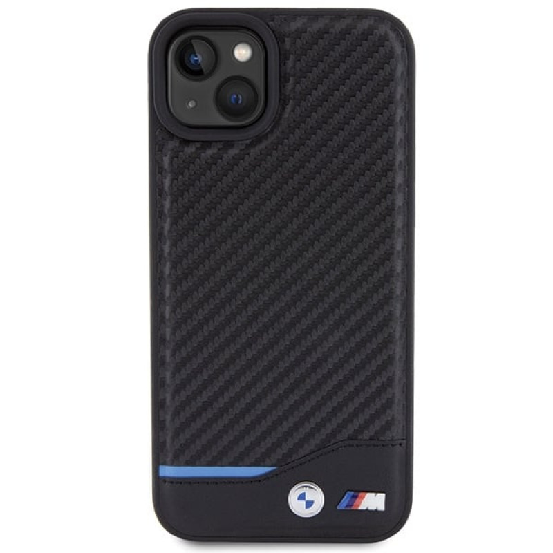 BMW BMHCP15M22NBCK Leather Carbon hardcase voor Apple iPhone 15 Plus / 14 Plus, zwart