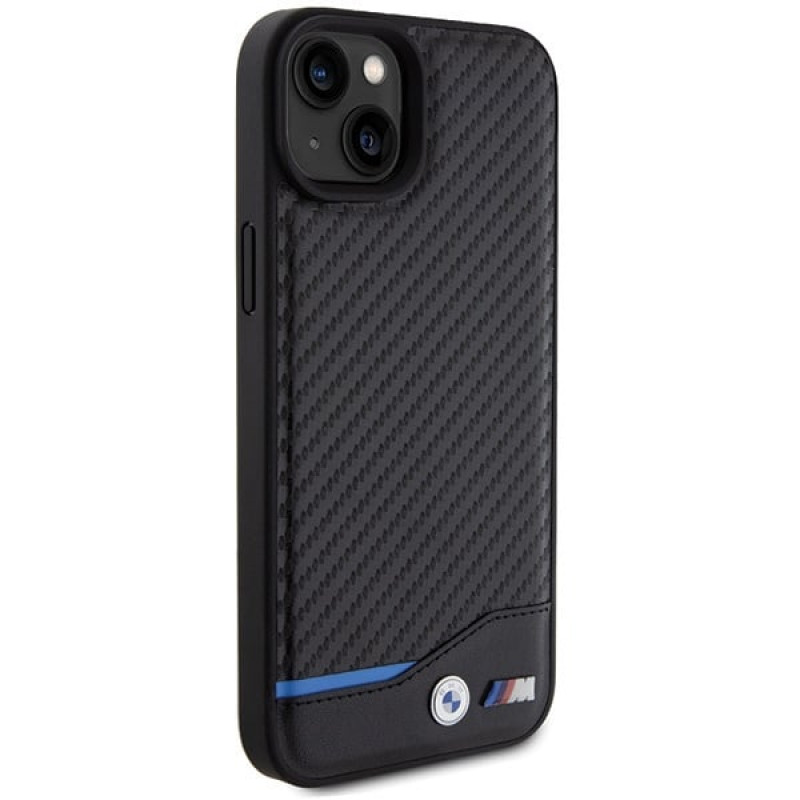 BMW BMHCP15M22NBCK Leather Carbon hardcase voor Apple iPhone 15 Plus / 14 Plus, zwart