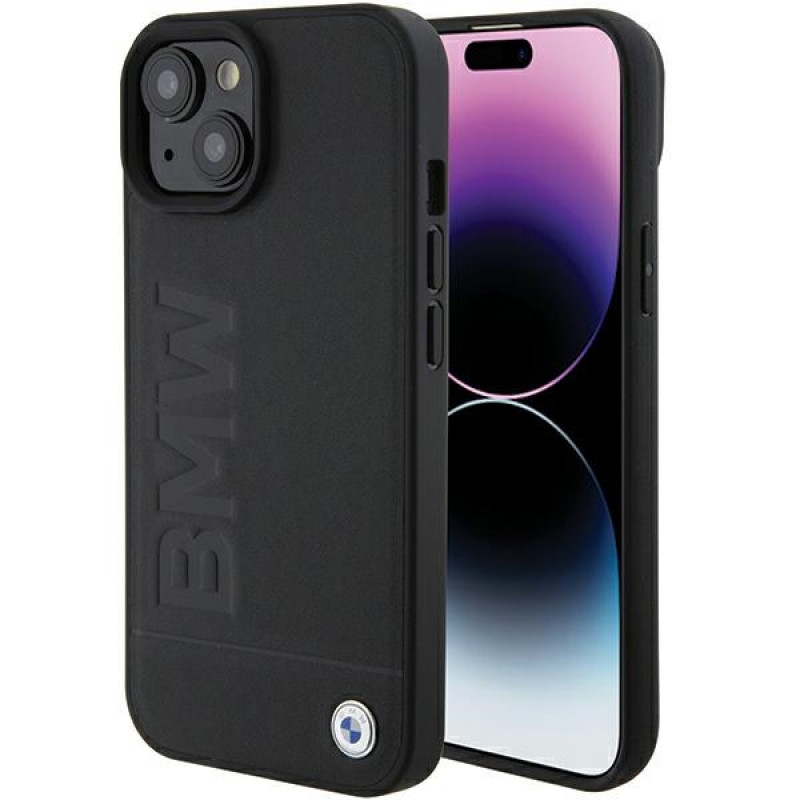 BMW BMHMP15MSLLBK Leren Hot Stamp MagSafe-hoesje voor Apple iPhone 15 Plus / 14 Plus, zwart
