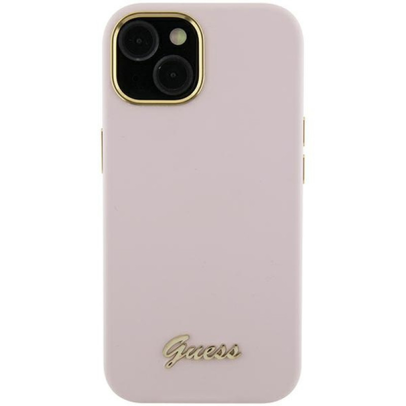 Guess GUHCP15XSMBSLP Silicone Script Metal Logo & Frame hardcase voor Apple iPhone 15 Pro Max, roze