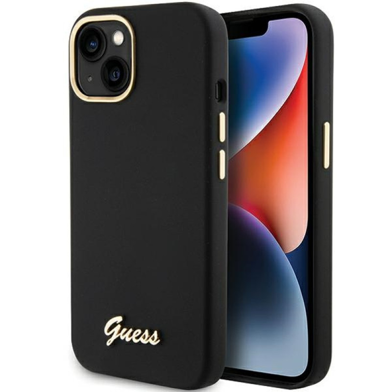 Guess GUHCP15SSMBSLK hardcase van silicone met metalen logo en frame voor Apple iPhone 15 / 14 / 13, zwart