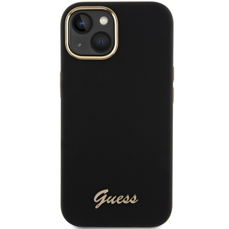 Guess GUHCP15SSMBSLK hardcase van silicone met metalen logo en frame voor Apple iPhone 15 / 14 / 13, zwart