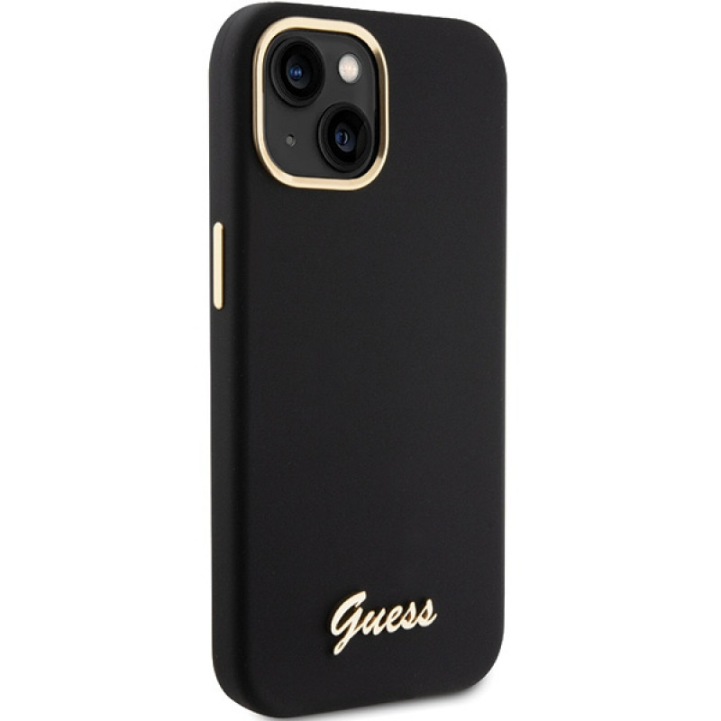 Guess GUHCP15SSMBSLK hardcase van silicone met metalen logo en frame voor Apple iPhone 15 / 14 / 13, zwart