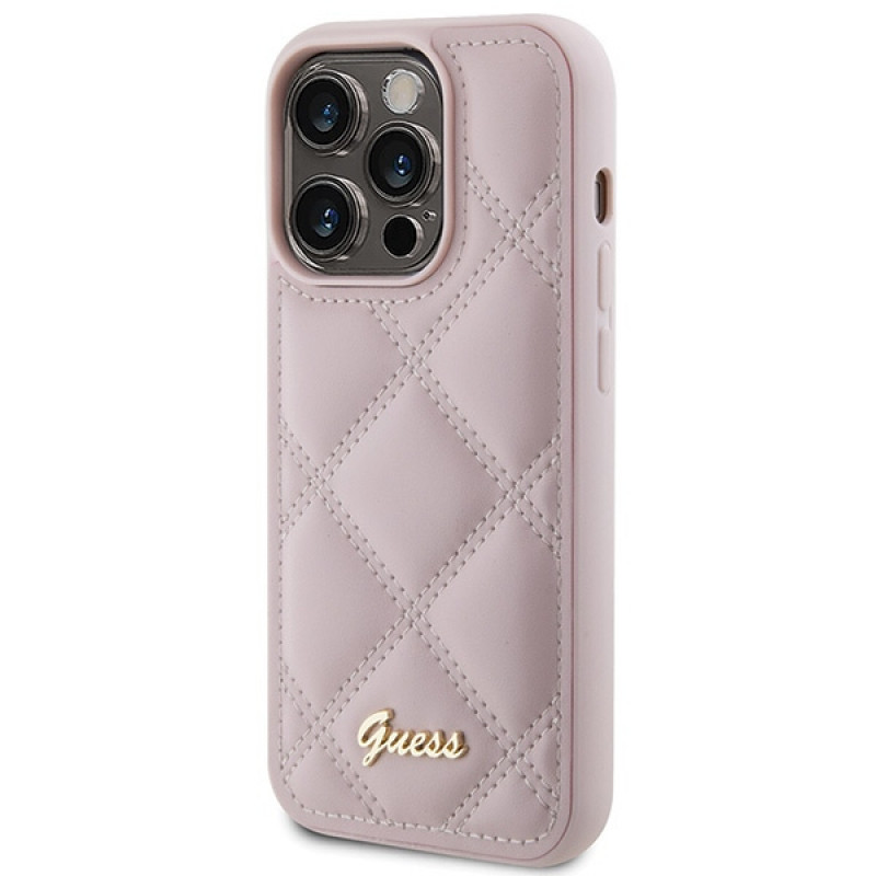 Guess GUHCP15LPSQSQSP Quilted Metal Logo-hardcase voor Apple iPhone 15 Pro, roze