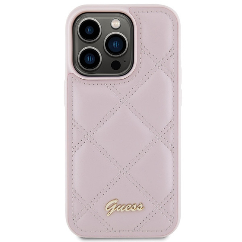 Guess GUHCP15LPSQSQSP Quilted Metal Logo-hardcase voor Apple iPhone 15 Pro, roze