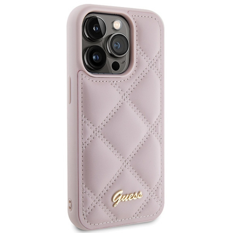Guess GUHCP15LPSQSQSP Quilted Metal Logo-hardcase voor Apple iPhone 15 Pro, roze