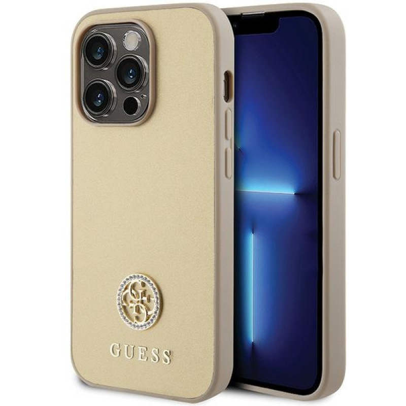 Guess GUHCP15LPS4DGPD PU 4G Strass Metal Logo-hoesje voor Apple iPhone 15 Pro, goud