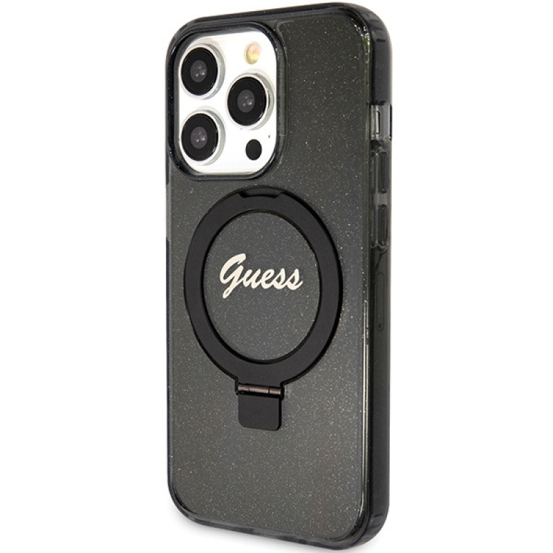 Guess GUHMP15LHRSGSK Ring Stand Script Glitter MagSafe-hardcase voor Apple iPhone 15 Pro, zwart