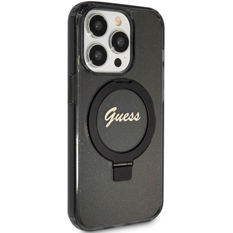 Guess GUHMP15LHRSGSK Ring Stand Script Glitter MagSafe-hardcase voor Apple iPhone 15 Pro, zwart