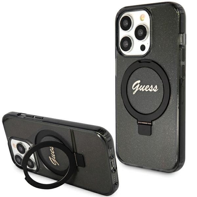 Guess GUHMP15XHRSGSK Ring Stand Script Glitter MagSafe-hardcase voor Apple iPhone 15 Pro Max, zwart