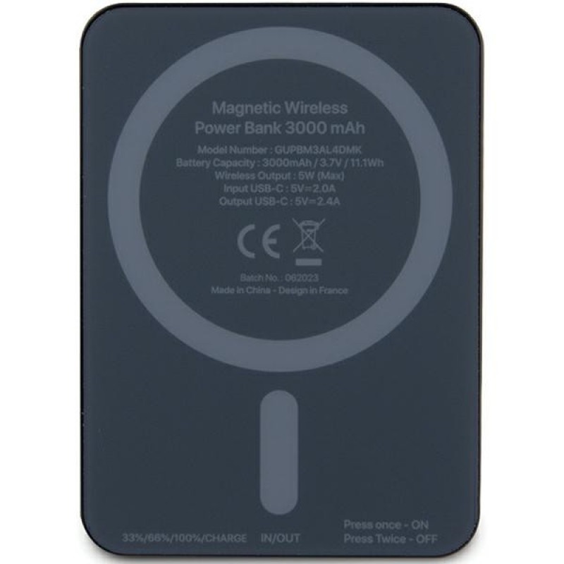 Guess GUPBM3ALGSGK Powerbank 3000 mAh, 5 W, MagSafe Metal Script Logo, zwart