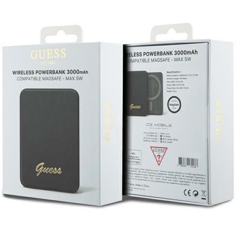 Guess GUPBM3ALGSGK Powerbank 3000 mAh, 5 W, MagSafe Metal Script Logo, zwart