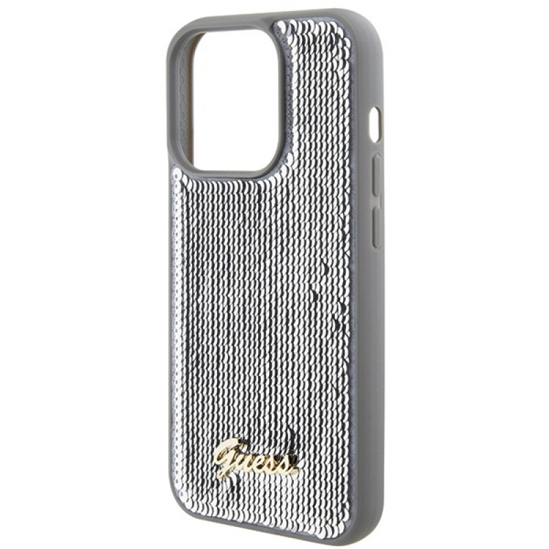 Guess GUHCP15LPSFDGSS Sequin Script Metal hardcase voor Apple iPhone 15 Pro, zilver