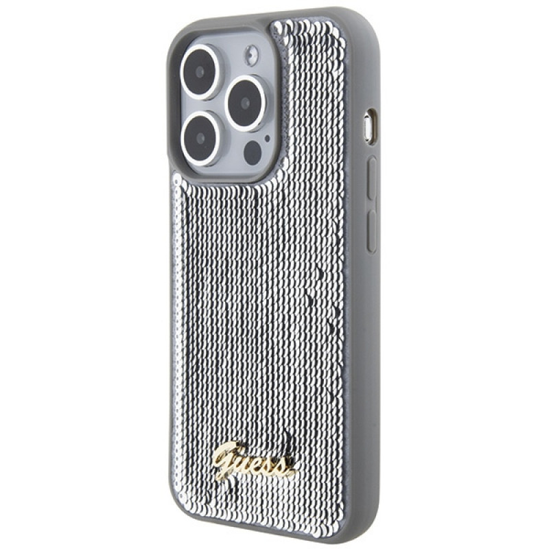 Guess GUHCP15XPSFDGSS Sequin Script Metal hardcase voor Apple iPhone 15 Pro Max, zilver