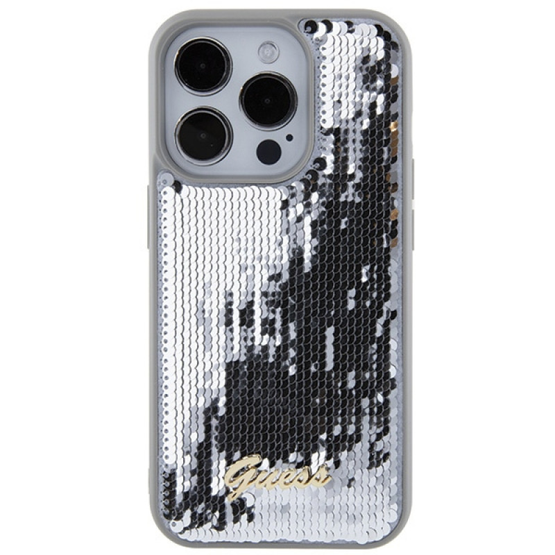 Guess GUHCP15XPSFDGSS Sequin Script Metal hardcase voor Apple iPhone 15 Pro Max, zilver