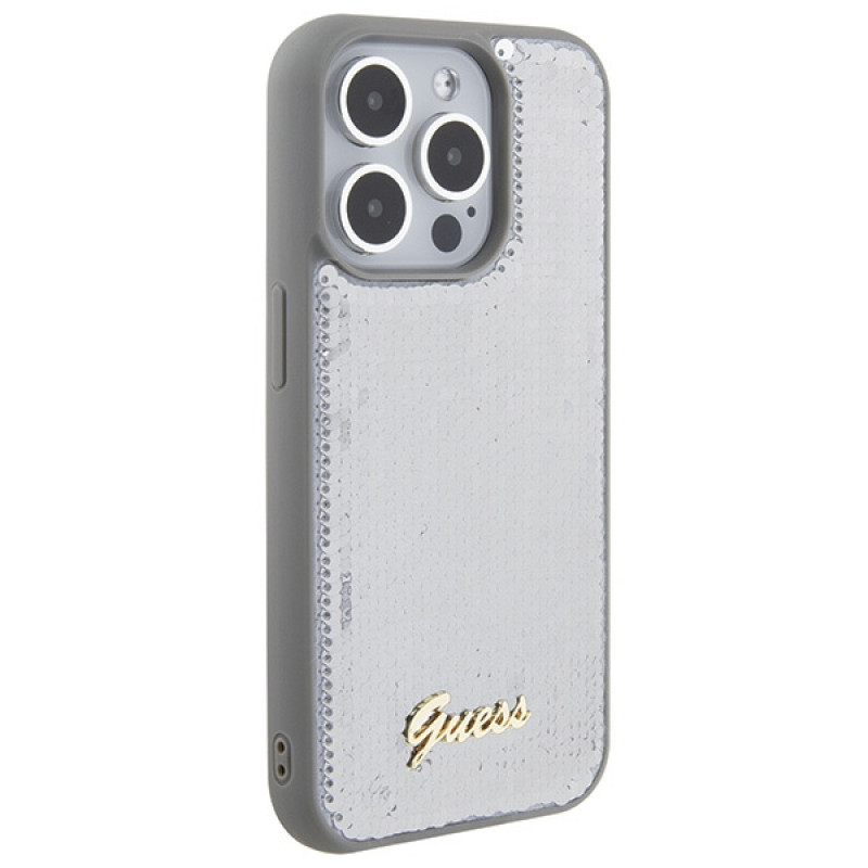 Guess GUHCP15XPSFDGSS Sequin Script Metal hardcase voor Apple iPhone 15 Pro Max, zilver