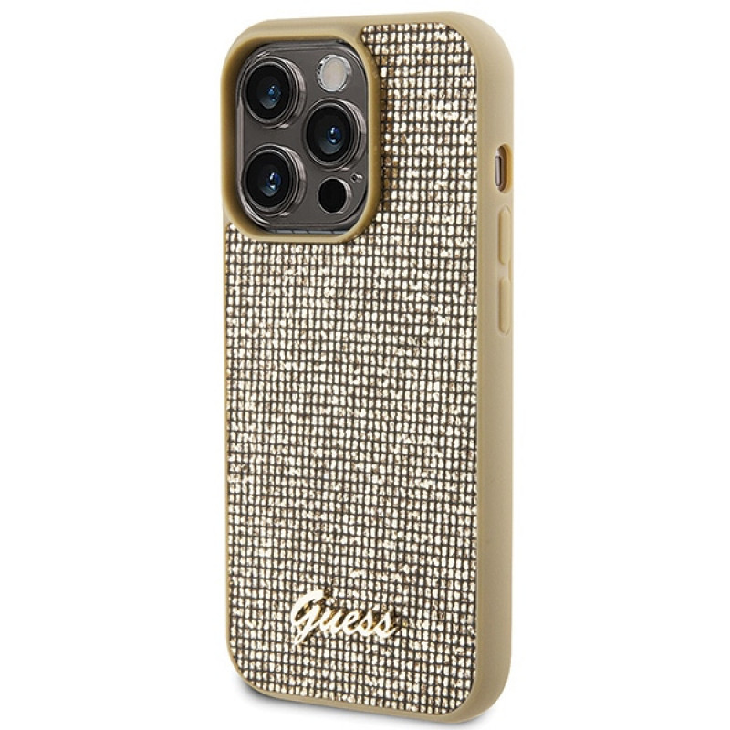 Guess GUHCP15LPMSDGSD Disco Metal Script hardcase voor Apple iPhone 15 Pro, goud