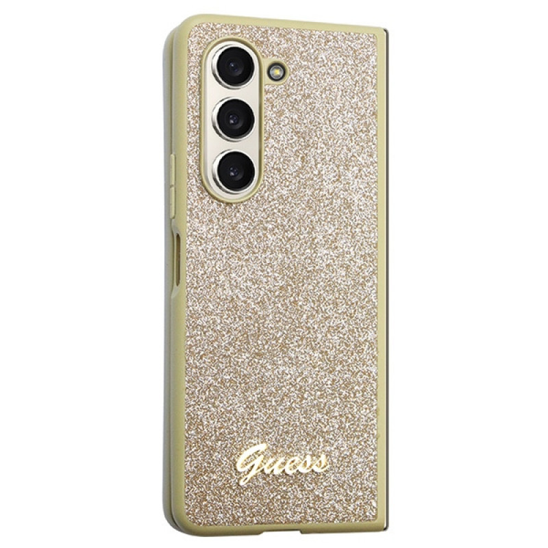 Guess GUHCZFD5HGGSHD Glitter Script hardcase voor Samsung Galaxy Z Fold5, goud