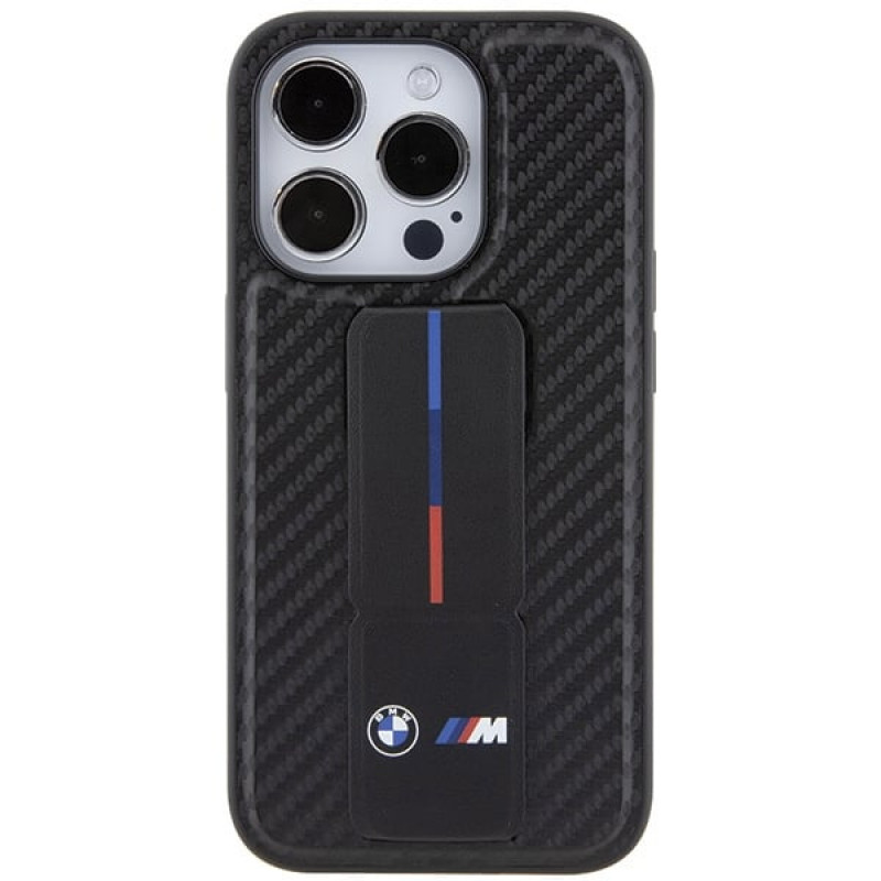 BMW BMHCP15LGSPCCK Apple iPhone 15 Pro hardcase Grip Stand Smooth & Carbon, zwart