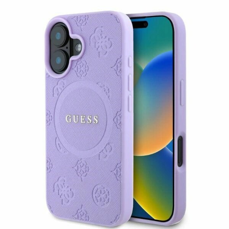 Guess Saffiano Peony Stamp MagSafe-hoesje voor Apple iPhone 16, paars