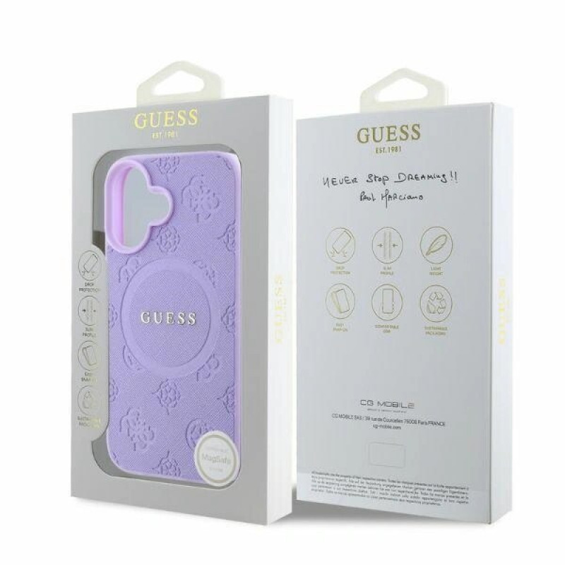 Guess Saffiano Peony Stamp MagSafe-hoesje voor Apple iPhone 16, paars
