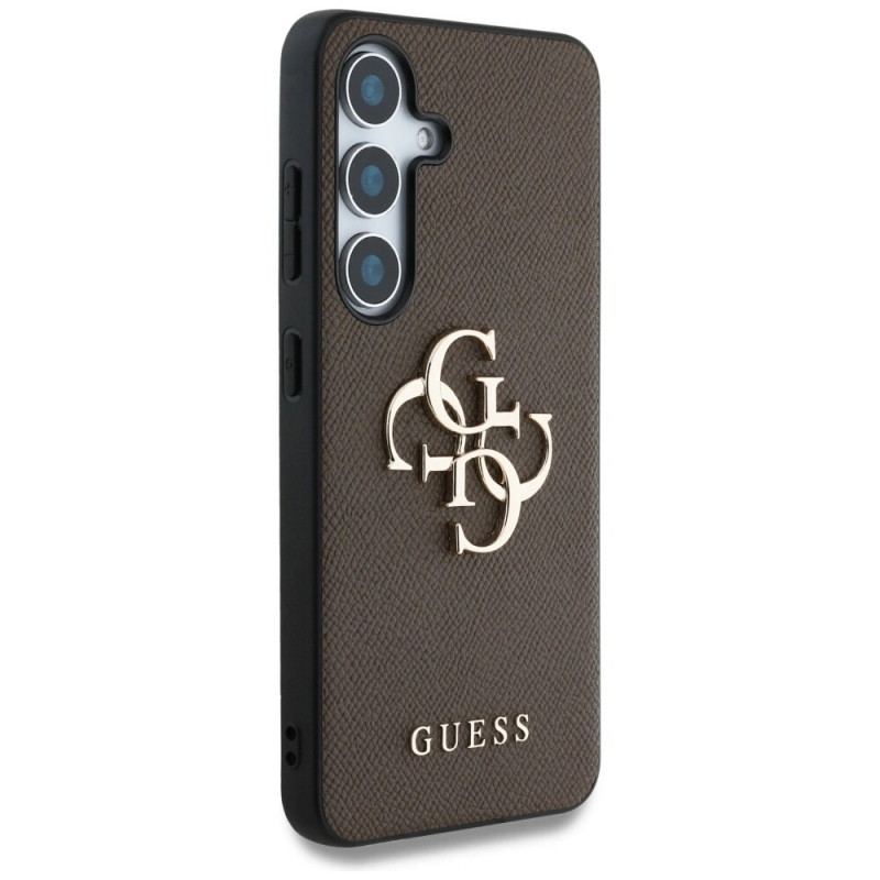 Guess Grained Big 4G Logo Small Classic Logo Hard Case voor Samsung Galaxy S25+, bruin