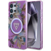 Guess Glitter Flowers Triangle Buttons MagSafe-hoesje voor Samsung Galaxy S25 Ultra, paars