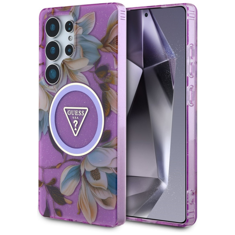 Guess Glitter Flowers Triangle Buttons MagSafe-hoesje voor Samsung Galaxy S25 Ultra, paars
