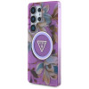 Guess Glitter Flowers Triangle Buttons MagSafe-hoesje voor Samsung Galaxy S25 Ultra, paars