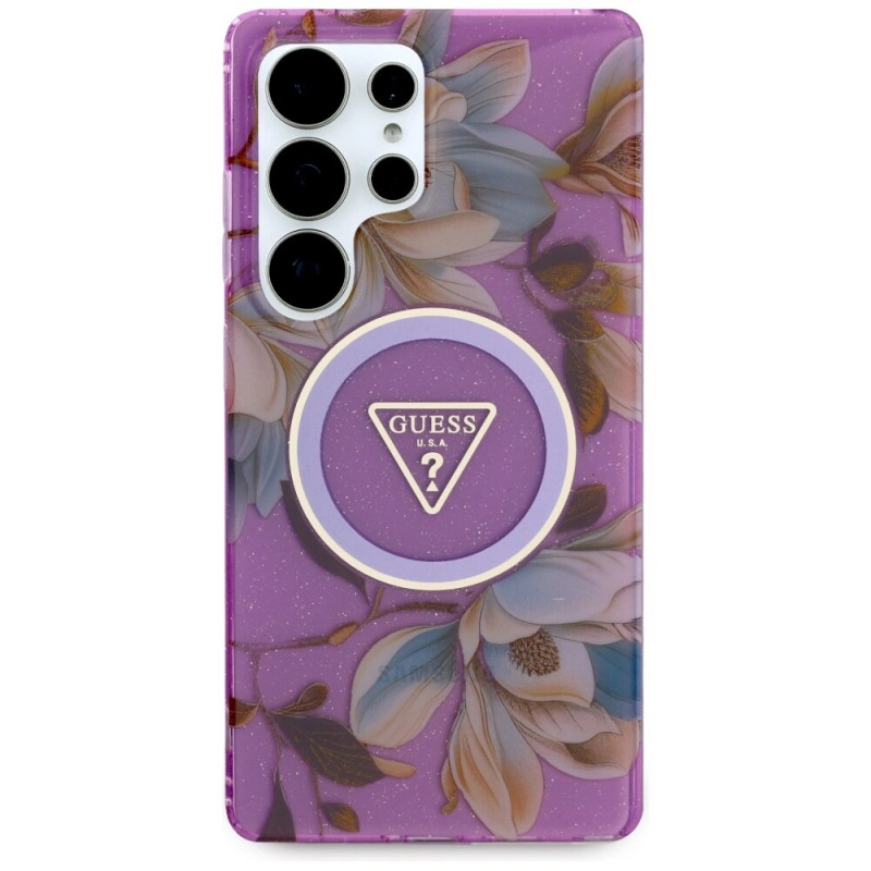 Guess Glitter Flowers Triangle Buttons MagSafe-hoesje voor Samsung Galaxy S25 Ultra, paars