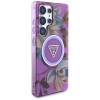 Guess Glitter Flowers Triangle Buttons MagSafe-hoesje voor Samsung Galaxy S25 Ultra, paars