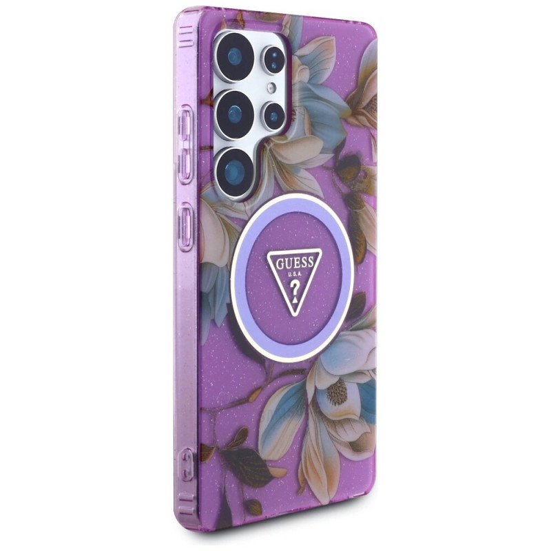 Guess Glitter Flowers Triangle Buttons MagSafe-hoesje voor Samsung Galaxy S25 Ultra, paars