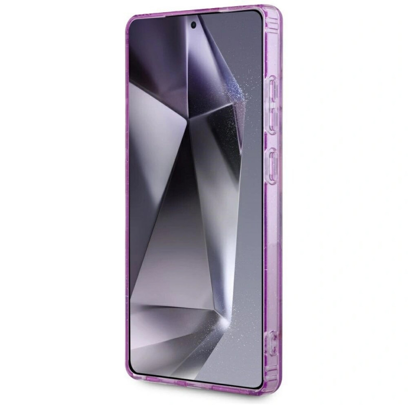 Guess Glitter Flowers Triangle Buttons MagSafe-hoesje voor Samsung Galaxy S25 Ultra, paars