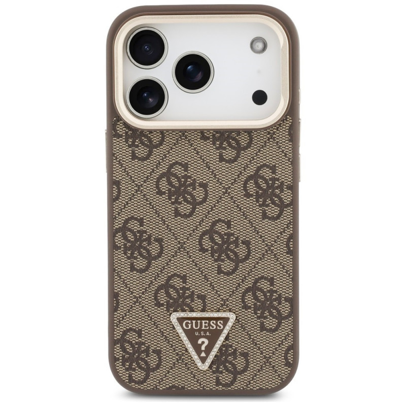 Guess 4G PU Triangle Logo & Stand Camera MagSafe-hoesje voor Apple iPhone 18 Pro / 17 Pro, bruin