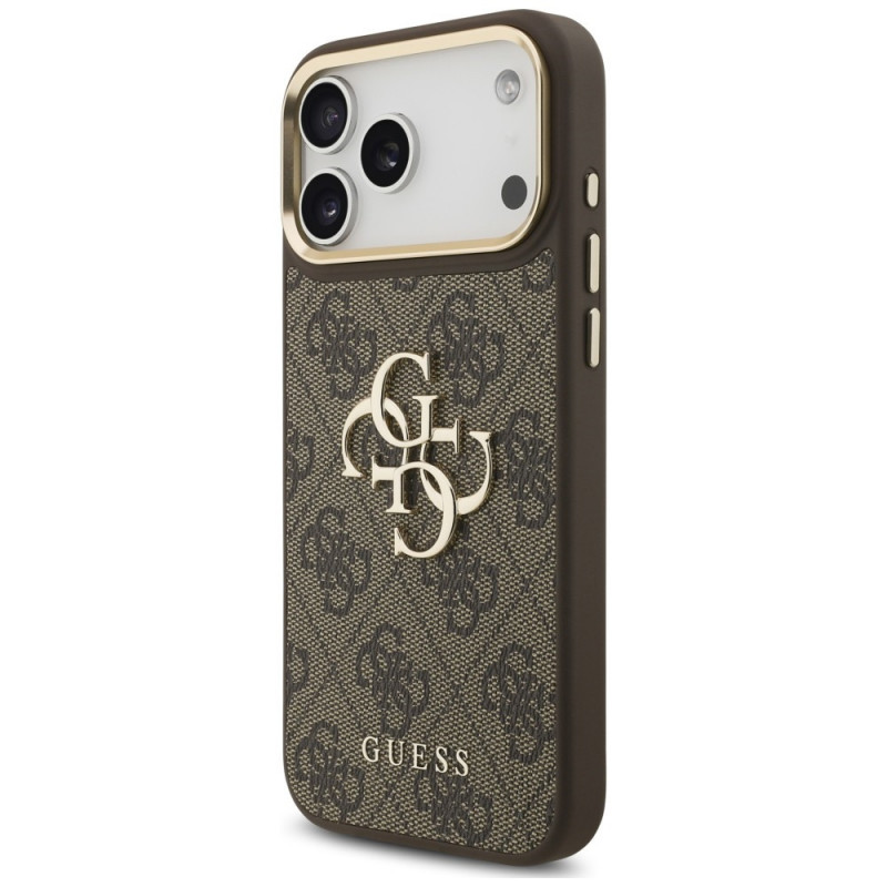 Guess 4G Big 4G Classic Logo Big Strap Metal Buttons-hoesje met band voor Apple iPhone 18 Pro Max / 17 Pro Max, bruin